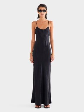 Venroy Crushed Satin Slip Dress in Black Size S